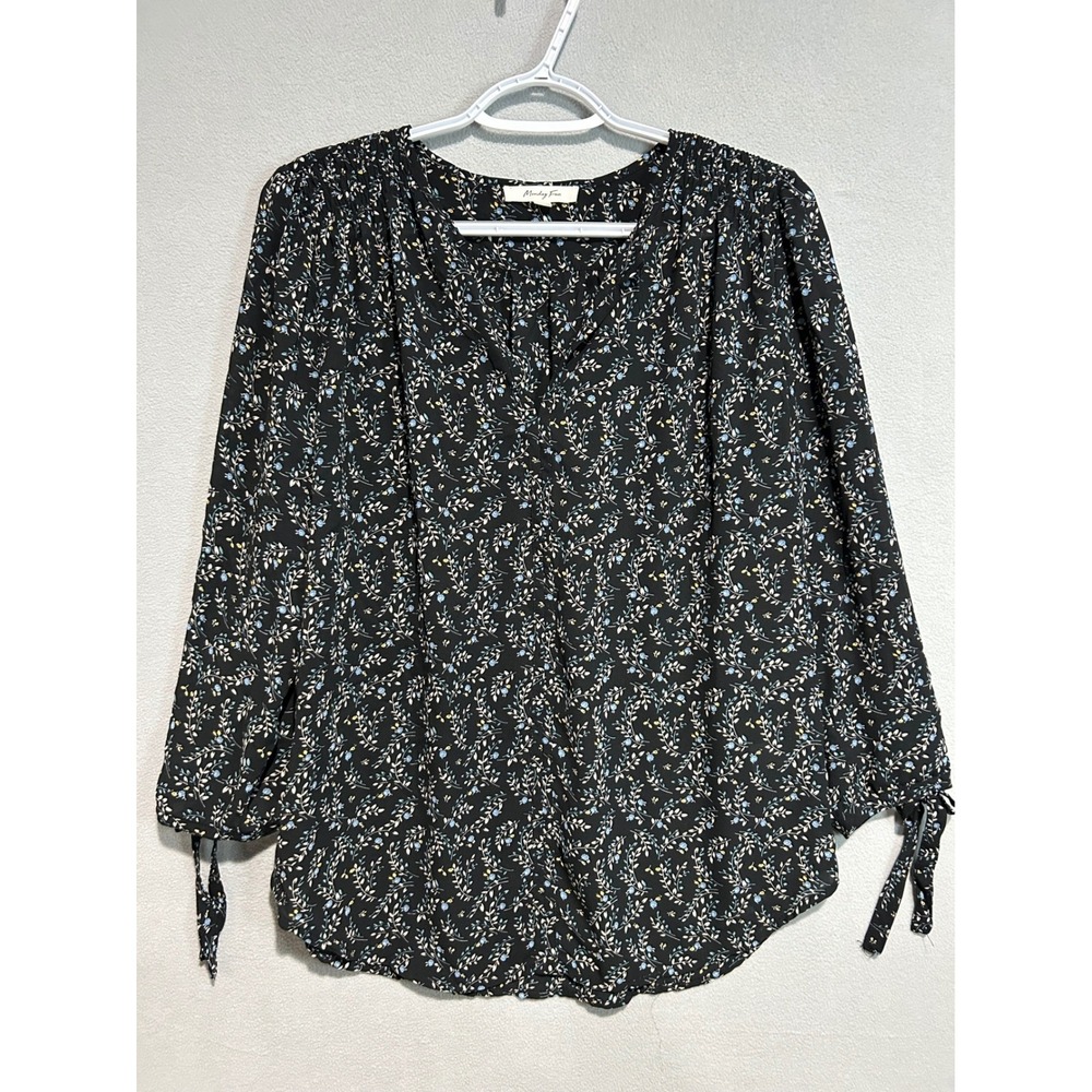Womens Black Floral Tunic Top Tie Sleeve V-Neck Blouse Medium Whimsigoth Romance